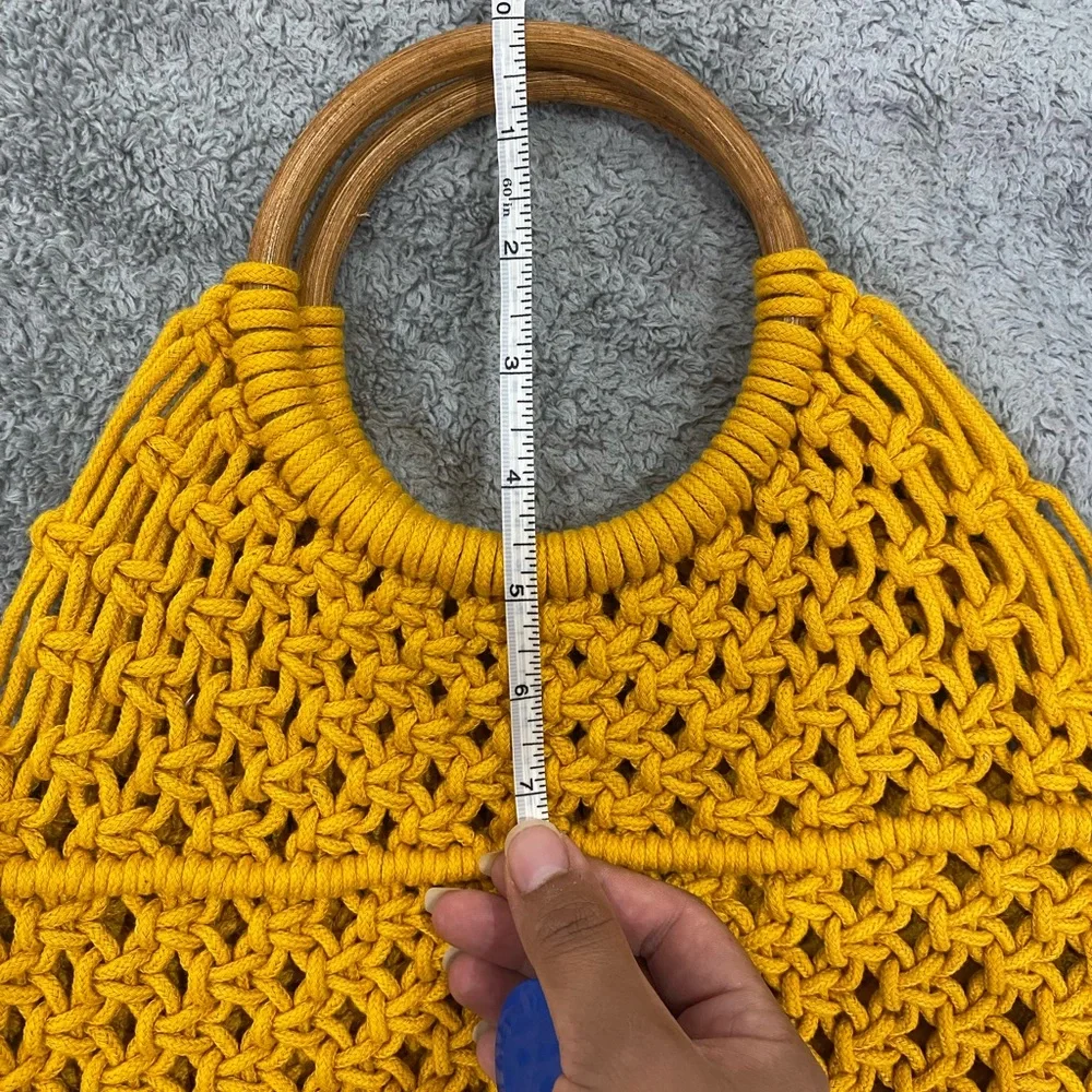 Yellow Woven Handbag with Wooden Handles - Picture 2 of 7